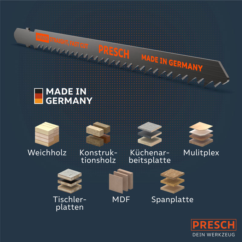 PRESCH Stichsägeblätter für Holz sortiert nach Material wie Weichholz, Konstruktionsholz und Multiplex, ideal für präzise Schnitte und Holzarbeiten.