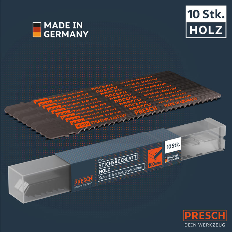 Stichsägeblätter für Holz von Presch, 10-teiliges Set, Sägeblätter für geraden und schnellen Zuschnitt.
