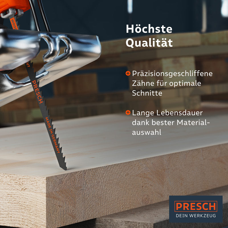 PRESCH Stichsägeblätter für Holz mit präzisionsgeschliffenen Zähnen und hoher Qualität für effizientes Sägen.