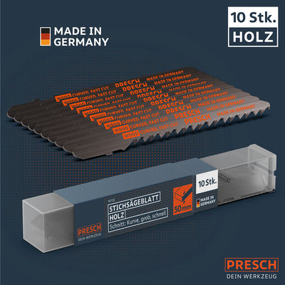 Stichsägeblätter für Holz von Presch mit 10 Stück Packung, grober Schnitt für schnelle Kurven, Qualität Made in Germany.