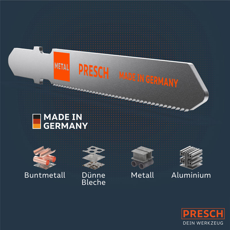 Stichsägeblätter für Holz von Presch, Sägeblätter mit Zahnung für präzisen Schnitt in Buntmetall, Metall und Aluminium.