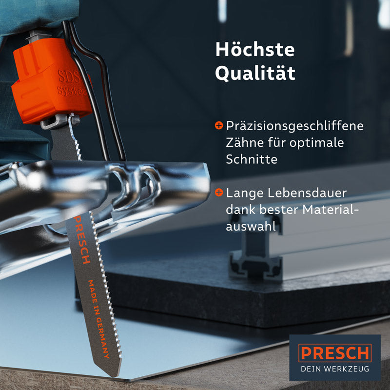 PRESCH Stichsägeblätter für Holz mit präzisionsgeschliffenen Zähnen und SDS-System für effektive Schnitte und langlebige Qualität.