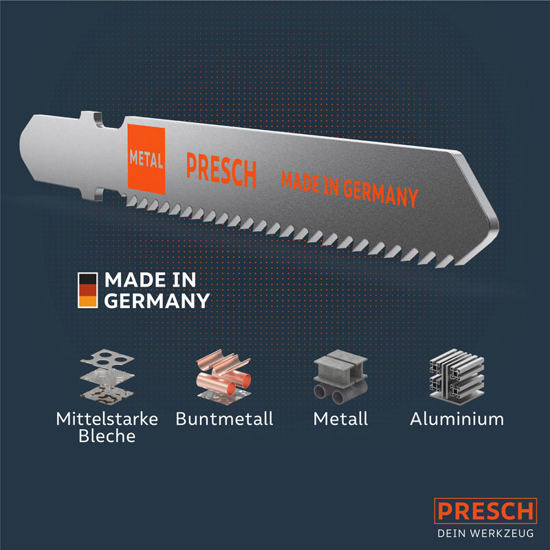 PRESCH Stichsägeblätter für Holz, Sägeblattzubehör und Schnitte in verschiedenen Materialien wie mittelstarke Bleche, Buntmetall, Metall und Aluminium.