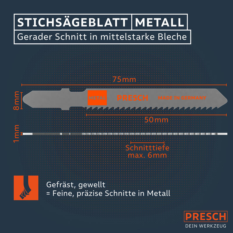 PRESCH Stichsägeblätter für Metall mit präzisem Schnitt, Sägeblatt für mittelstarke Bleche und Sägen Zubehör.