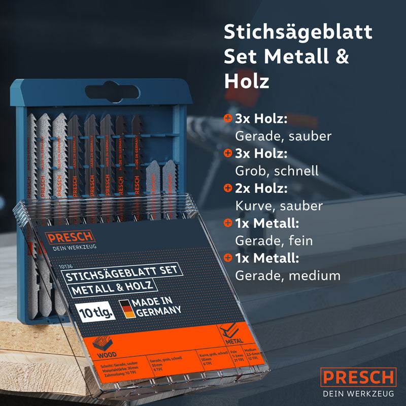 PRESCH Stichsägeblätter für Holz und Metall in Verpackung mit Hinweis auf verschiedene Sägebewegungen und Materialbearbeitung.