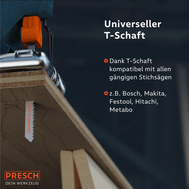 Stichsägeblätter für Holz von Presch, universeller T-Schaft kompatibel mit gängigen Elektrosägen.