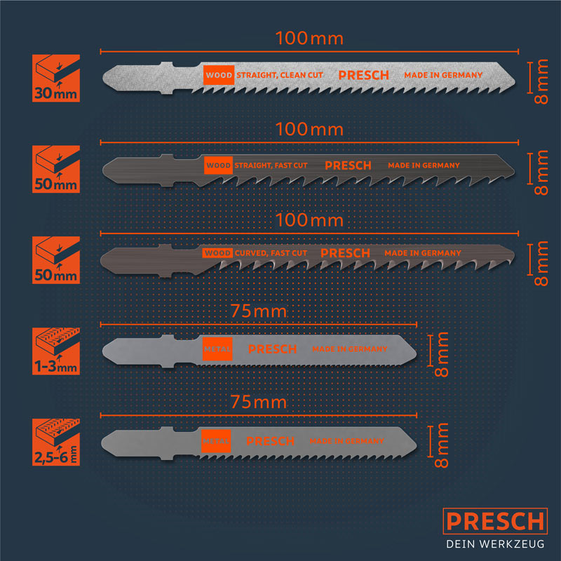 PRESCH Stichsägeblätter für Holz in verschiedenen Größen für präzise und schnelle Schnitte.