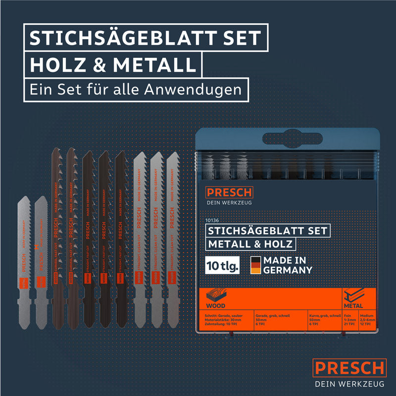 PRESCH Stichsägeblatt-Set für Holz und Metall mit verschiedenen Sägeblättern und Verpackung.