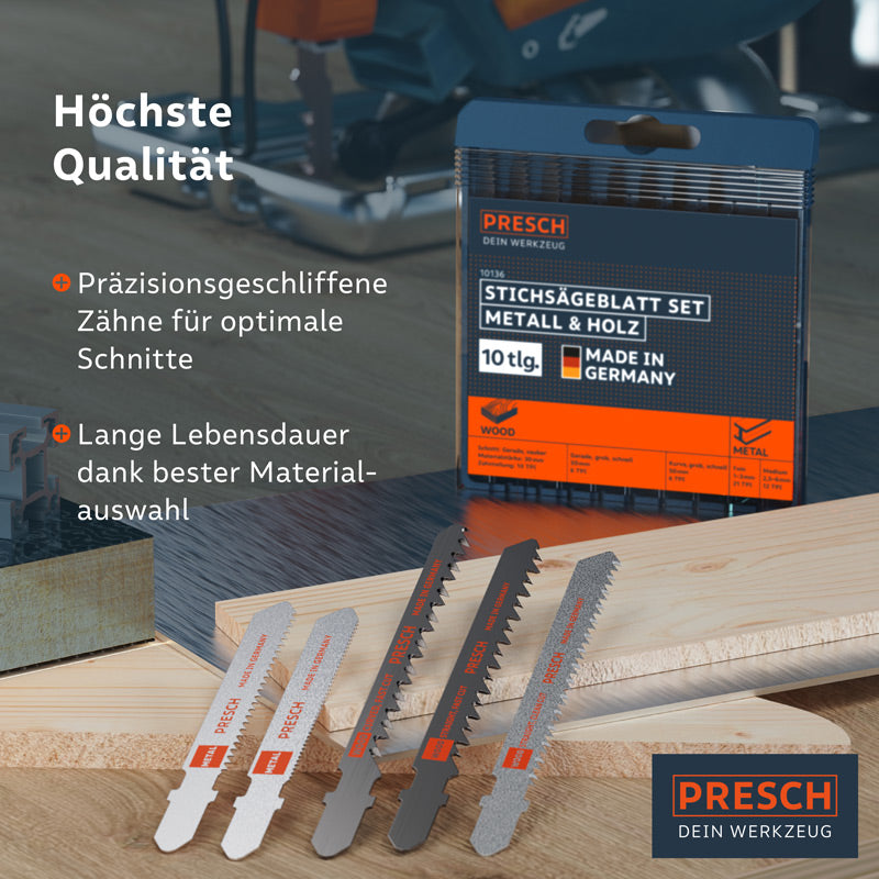 Presch Stichsägeblätter für Holz mit präzisionsgeschliffenen Zähnen und langer Haltbarkeit, unterschiedliche Sägeblatttypen für feine Schnitte in Holz und Metall.