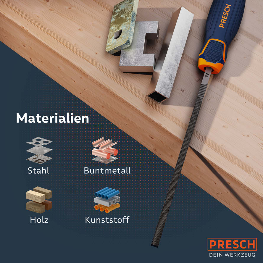PRESCH Vierkantfeile mit Beispielen für Metallbearbeitung und Holzfeilen auf Holzuntergrund